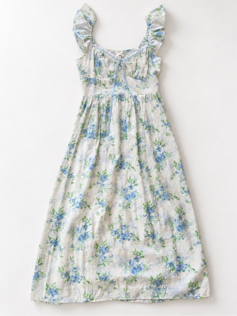 Le Lis White Light Blue Floral Flutter Sleeve Midi Dress Size S Romantic